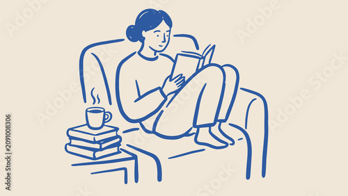 Minimalist blue and beige illustration of person reading on couch with stack of books and steaming cup creating cozy relaxed atmosphere