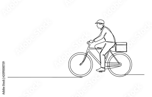 Foto Continuous single line drawing of a delivery man riding a bicycle with a box on