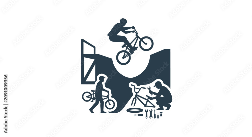 Obraz premium BMX bike rider and mechanic workshop vector illustration.