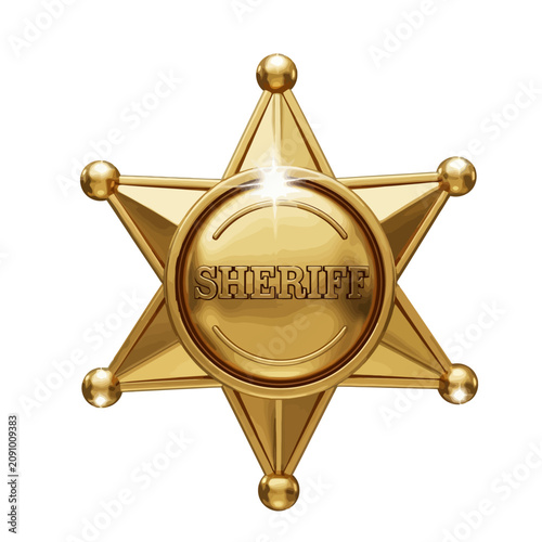 Shiny gold sheriff badge with six points and engraved text.