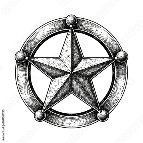 Detailed vintage sheriff badge with star and circular design.