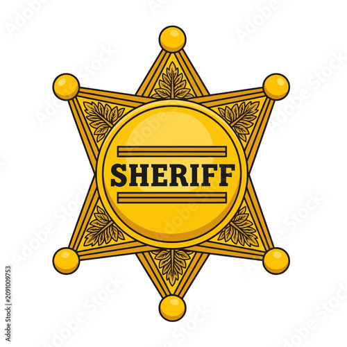 Illustration of a classic gold sheriff badge with star shape and engraved details.