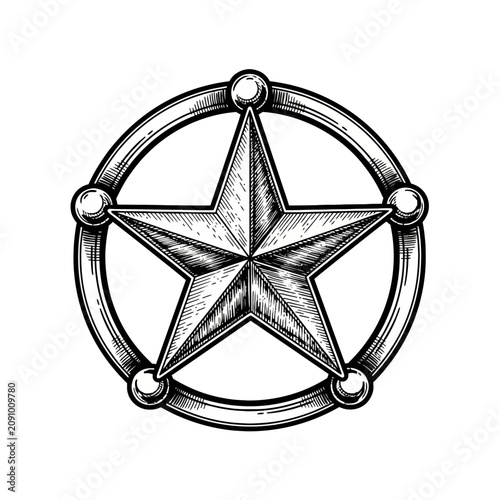 Vintage sheriff badge with star emblem in detailed black and white engraving style.