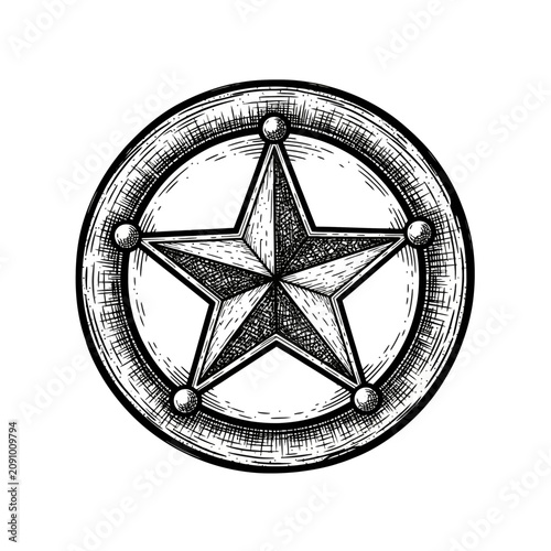 Vintage hand-drawn sheriff badge with star and circular frame.