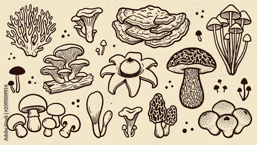 Fotografía Vintage botanical line drawings of diverse mushrooms and fungi collection in nat