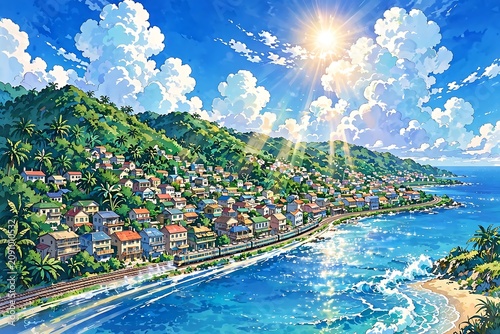 Anime style illustration, beautiful coastal town built on lush green hillside overlooking sparkling blue ocean water with moving train passing by under bright summer sky and glowing