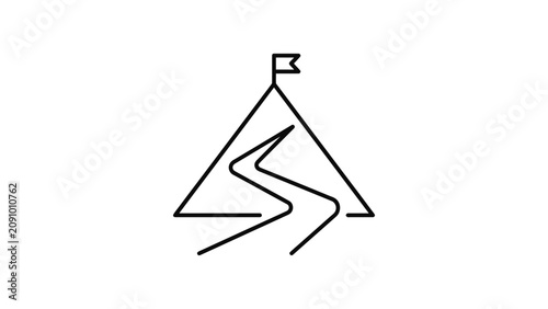 Minimalist mountain peak icon with a winding path leading to a flag.