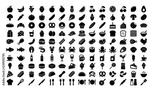 Modern Food Fruit Vegetable and Bakery Solid Icon Pack Vector