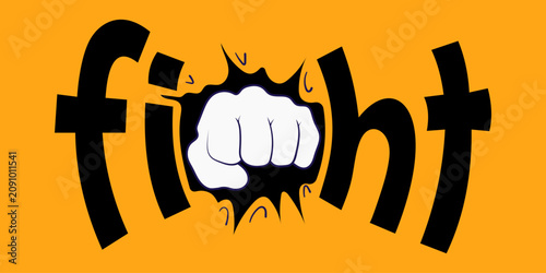 Graphic illustration of a white fist punching through the word fight written in black lettering on an orange background