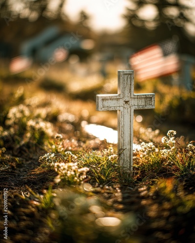 White Cross Memorial In Peaceful Cemetery Landscape