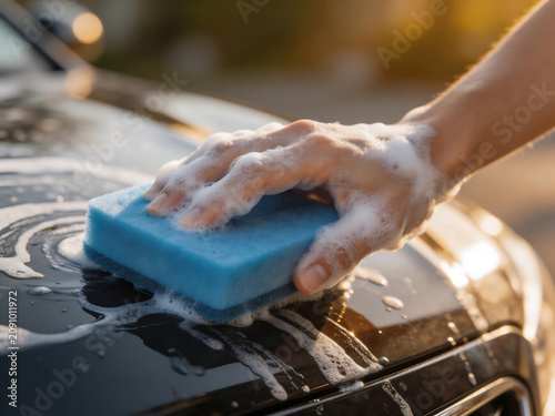 Hand washing car with sponge