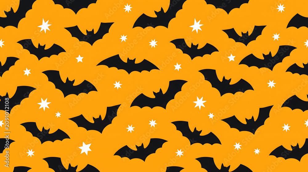 Fototapeta premium Halloween themed pattern with black bats and white stars on orange background for decoration and celebration