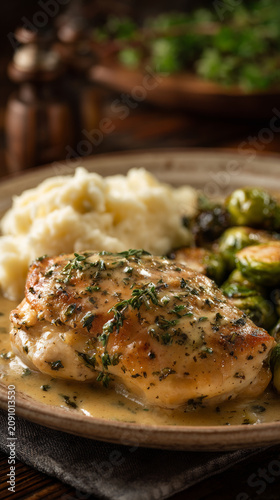 Herb roasted chicken breast with creamy mashed potato and sauteed Brussels sprouts on rustic plate, warm and savory meal