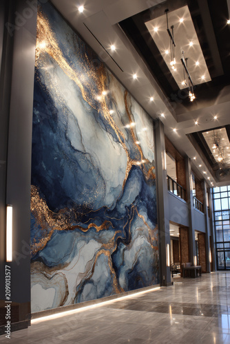 Hotel lobby wall mural with abstract marble pattern in blue and gold tones, creating luxurious and elegant atmosphere