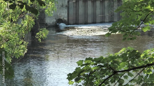 View of water flowing from a wastewater treatment works into a river on a sunny day, framed by tree branches.