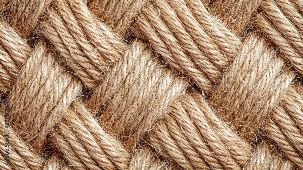 Fototapeta premium Natural sisal weave pattern texture background seamless organic fiber material eco-friendly design surface top-down angle macro detail beige brown tones