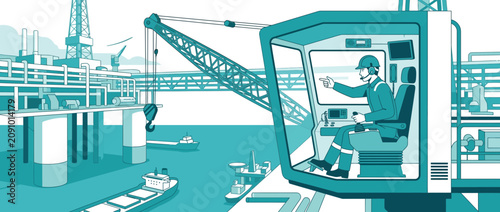 Offshore Crane Operator in Control Cabin Overseeing Oil Rig Operations and Ships