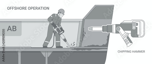 Offshore worker using chipping hammer for maintenance on industrial structure