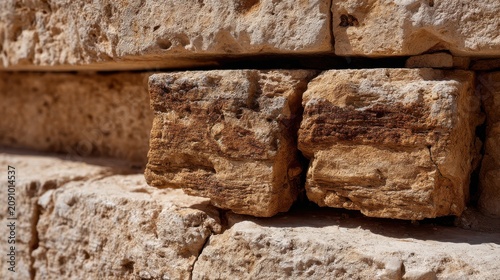 Ancient beige limestone wall detail with weathered texture, natural cracks and patina. Soft shadows create three-dimensional depth in this stone composition.