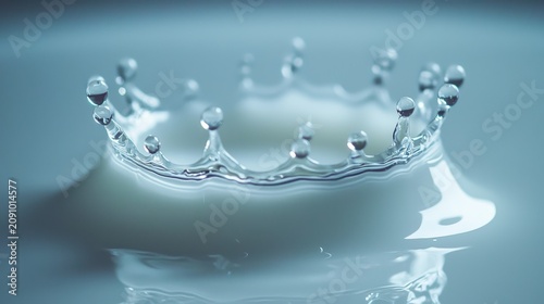 Liquid crown formation water droplet splash creating perfect crown with crystal clear droplets on calm surface high-speed macro photography capture