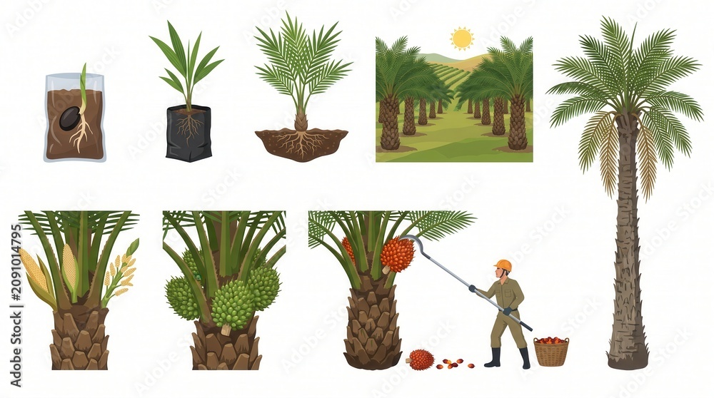 Fototapeta premium Oil palm growth: seed, seedling, fruit harvest by worker
