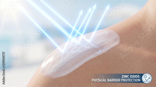 A crisp 3D commercial illustration showing a physical sunscreen layer deflecting ultraviolet radiation.