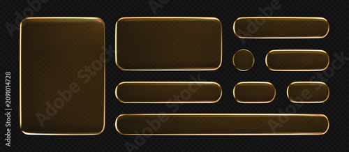 3D orange liquid glass buttons with transparent neon futuristic effect, isolated on dark background. Yellow liquid glass frame, UI UX elements for phone app or game interfaces. 3D tech digital vector