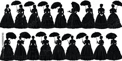 Tableau sur toile Victorian era fashion silhouettes of women in vintage ball gowns with umbrellas,