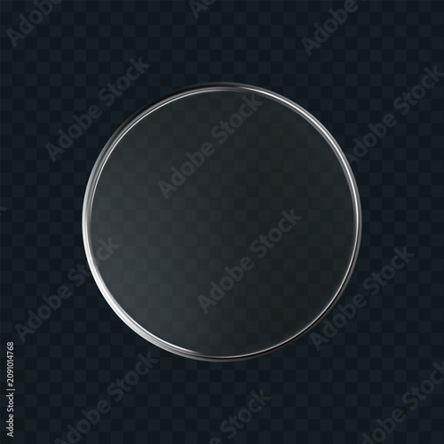 3D liquid glass disc icon isolated on a dark background. Render of transparent button with clear gradient and liquid texture, or mirror. 3D vector UI element for tech, game or interface mockup