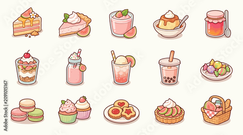 A delightful collection of sweet desserts and treats, including cakes, pies, cookies, macarons, and jams, presented in a charming, illustrative style.
