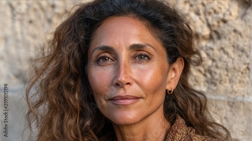 Professional portrait of middle-aged woman with wavy brown hair against limestone texture background, warm sandstone tones with natural soft lighting and realistic features