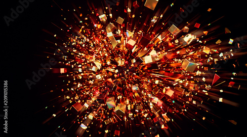 Explosive gold and red confetti burst on black for a Black Friday sale celebration