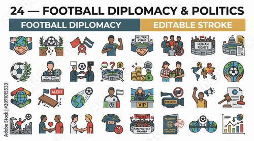 Bild auf Leinwand Collection of 24 cartoon-style icons depicting football diplomacy and