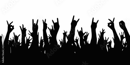 Canvas-taulu Crowd Silhouette With Raised Hands And Rock Signs Black And White