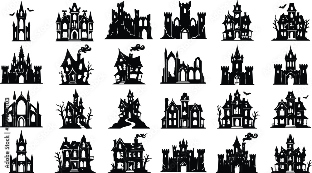 Fototapeta premium Halloween vector bundle 20 spooky black silhouette houses and castles for decoration