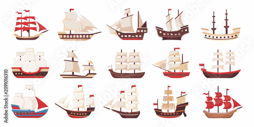 Cuadro en lienzo Stylized Historical Sailing Ships A Vector Illustration On White Background