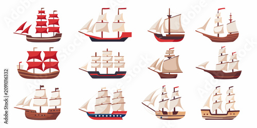 Bilde på lerret Stylized Historical Sailing Ships Vector Illustration On White Background
