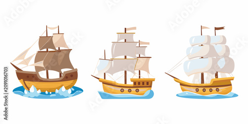 Quadro su tela Cartoon Style Ships With Sails On Blue Waves Vector Illustration