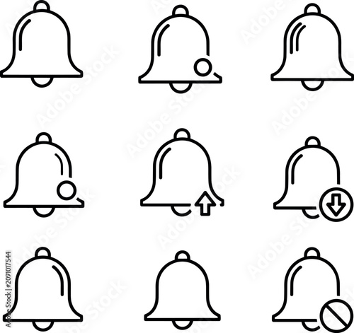 Foto Professional set of minimalist black outline notification bell icons in flat lighting for urgent mobile app interface alerts
