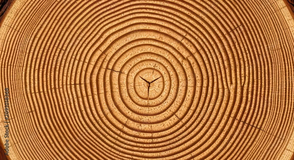 Fototapeta premium Annual rings wood cross section texture, natural timber background with concentric circles and cracks showing tree age.