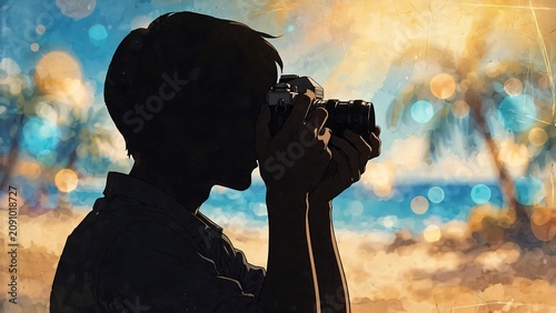 Anime style illustration of a male photographer silhouette holding a vintage camera, beautiful blurred tropical beach background with palm trees, bright glowing sunlight, calm blue