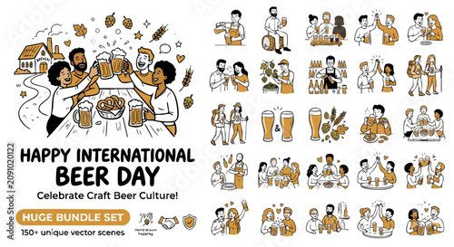 International Beer Day Celebration: A vibrant collection of hand-drawn illustrations depicting people enjoying beer, toasting, and celebrating International Beer Day.