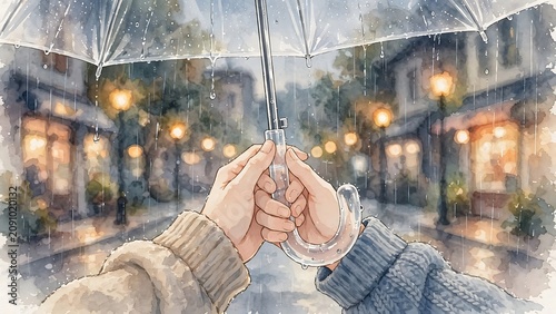 Watercolor style illustration, two human hands holding clear umbrella together walking down wet rainy city street illuminated by warm glowing yellow street lamps in romantic evening