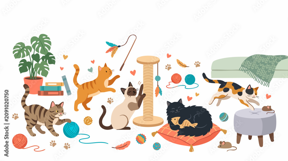 Fototapeta premium Cats Playing Indoors: A vibrant and whimsical illustration depicts a playful collection of cats of various breeds engaging in different activities, surrounded by toys and furniture.