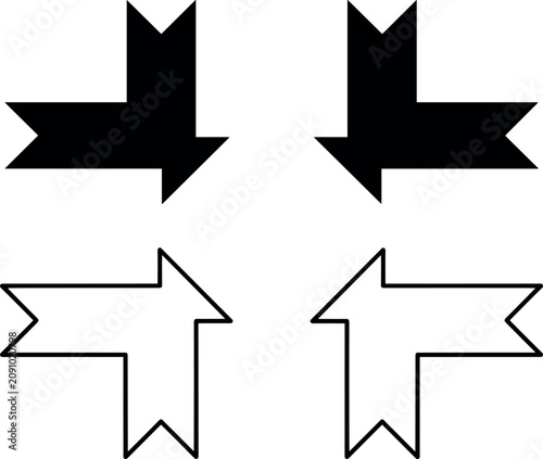 Konstfotografi Minimalist black ribbon arrows pointing towards center in solid and outline styles with flat lighting on white background