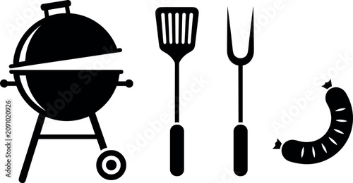 Tableau sur toile Minimalist black silhouettes of a charcoal grill and tools used for preparing a joyful outdoor summer cookout in bright light