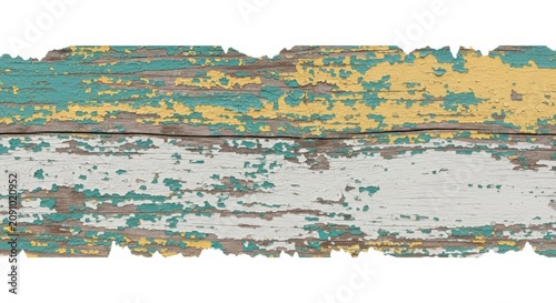 Peeling paint on weathered wood surface, showing layers of turquoise yellow and white on old timber with rough texture and visible grain.