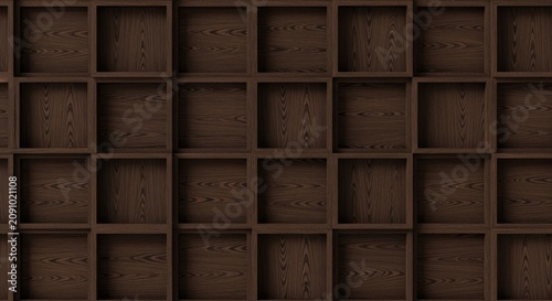 Geometric arrangement of dark wood cube shelves or cubbies, forming a textured wall panel with repeating patterns.