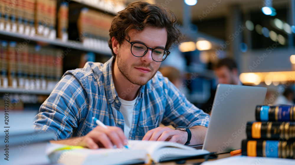Fototapeta premium Young law student researching appellate court decisions alone in university law library at midnight, surrounding stacks of legal reporters, highlighter-marked casebooks, academic legal research, bar