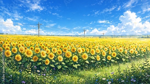 Anime style illustration, breathtaking summer landscape featuring vast blooming yellow sunflower field stretching to horizon under bright blue sky with huge fluffy white clouds and